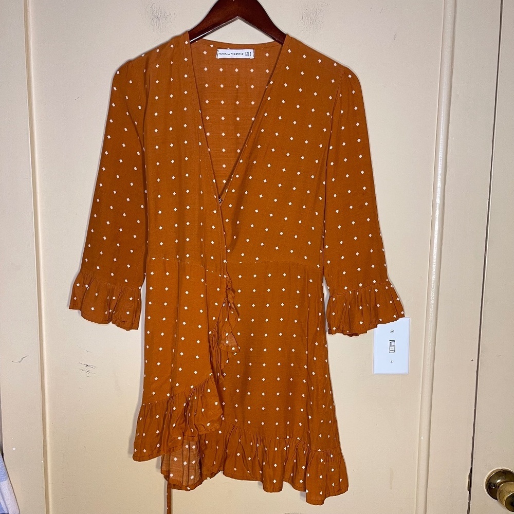 Faithfull the Brand Mustard Polka Dot Ruffle Wrap Dress